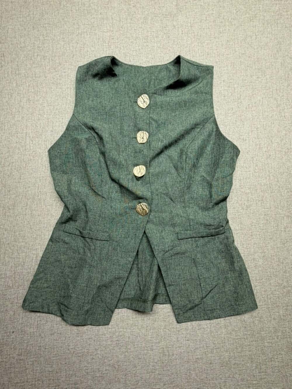 Sage Green Tailored Vest Medium Gold Button Peplum Waistcoat Top